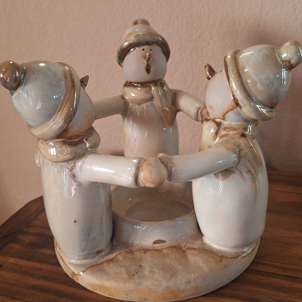 Vintage Glazed Ceramic Circle Of Friends Snowmen Candle Holder Winter Decor